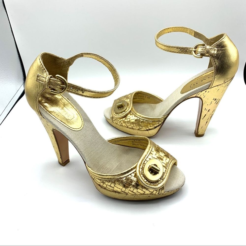 Coach Dianah Basket Weave Turn Lock Cork Gold Heel